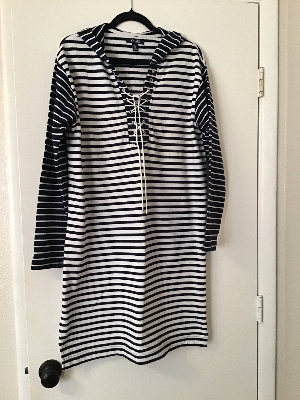 Chaps Black & White Striped Lace-Up Hooded Nightshirt
